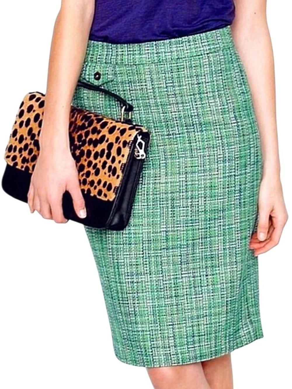 J. Crew No. 2 Pencil Green Blue Black & White Tweed Pencil Skirt 0 Petite